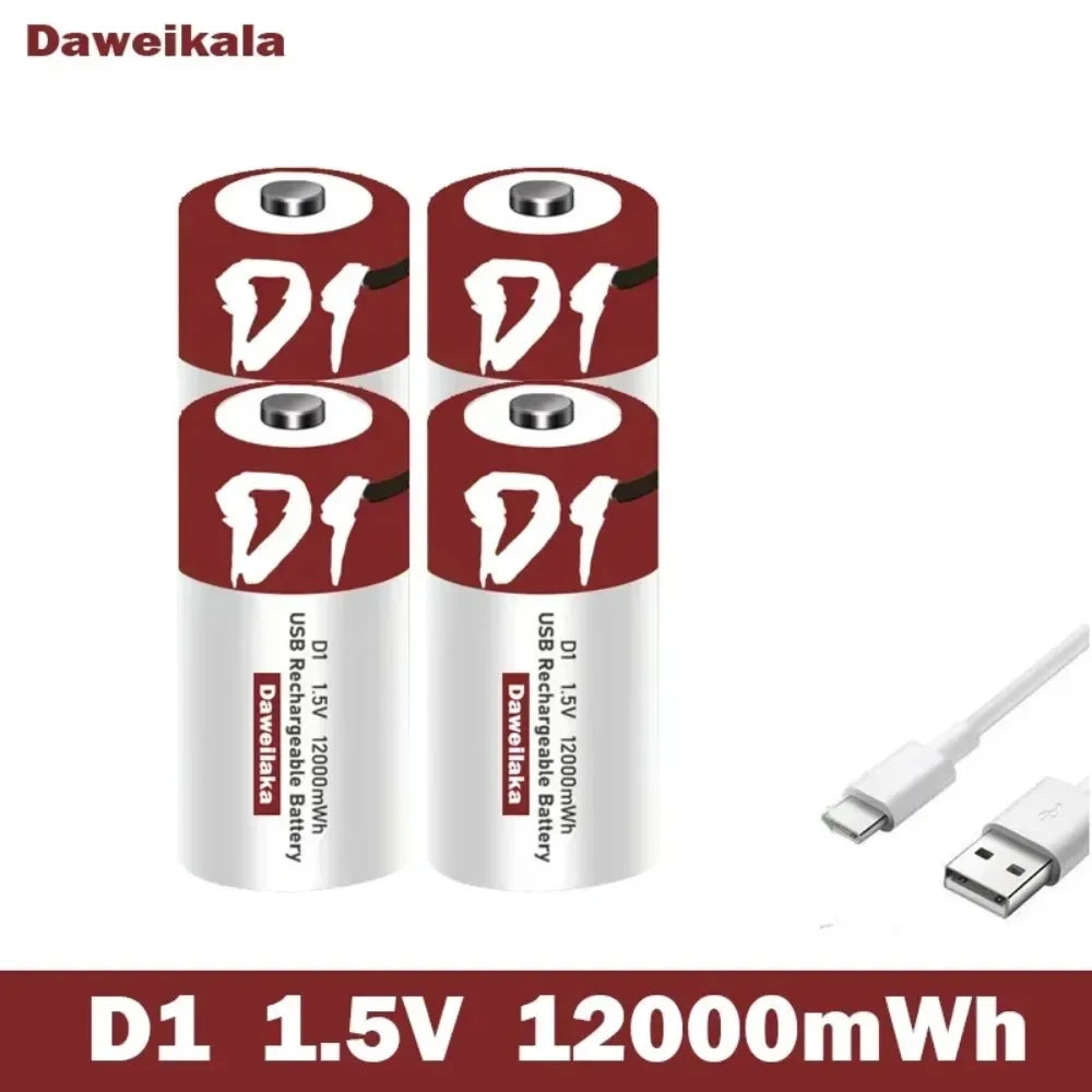 Batteria agli ioni di litio da 1,5 V formato D, 12000 mWh, ricaricabile tramite USB per torce, scaldabagni, giocattoli, include cavo di ricarica gratuito