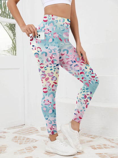 Pantaloni fitness da donna con tasca a vita alta stampati abbinati a pantaloni da yoga addominali attillati, adatti per correre, escursioni e sp