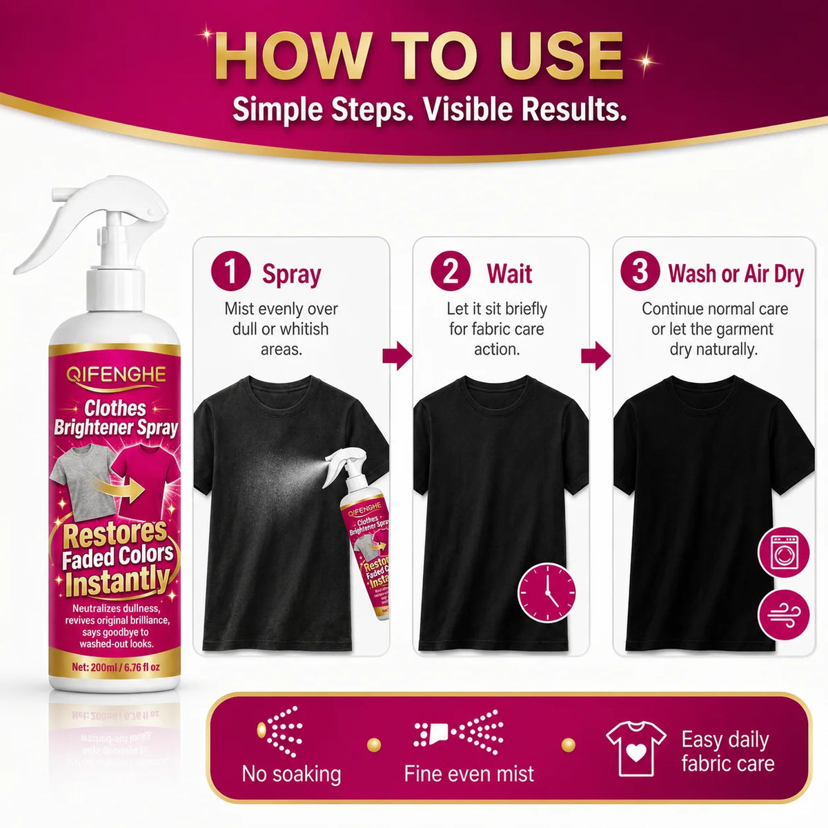 QIFENGHE Spray Lucidante per Vestiti, Rinnovatore del Colore per Indumenti Sbiaditi, Anti-Sbiadimento, 200ml