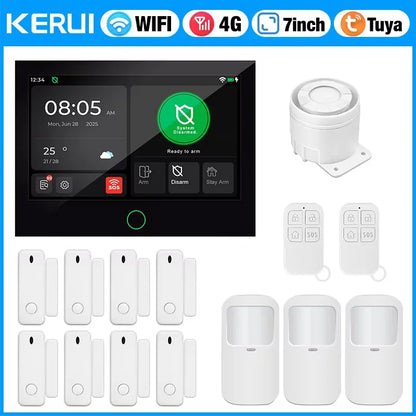 KERUI NUOVO Allarme domestico wireless 4G + WiFi con ampio touch screen IPS da 7 pollici Sistema di allarme intelligente Tuya con sensore di movimento per la casa