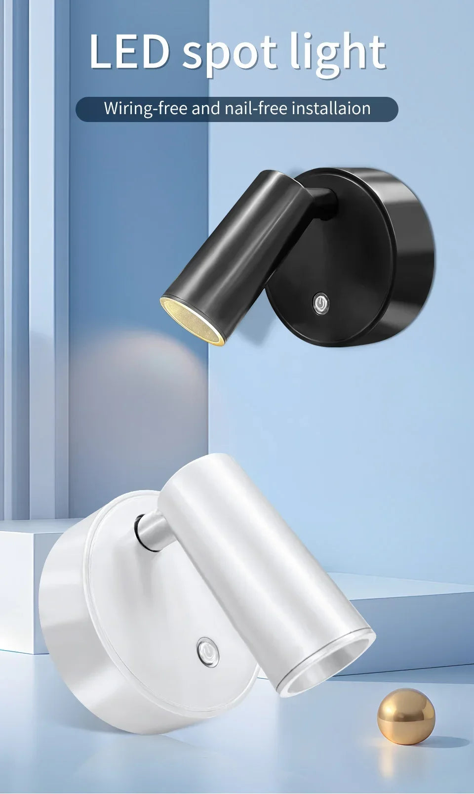 Faretto LED ricaricabile USB Lampada da parete magnetica senza fili Sensore tattile Dimmerabile Faretto per camera da letto per porta dell'armadio a 3 colori