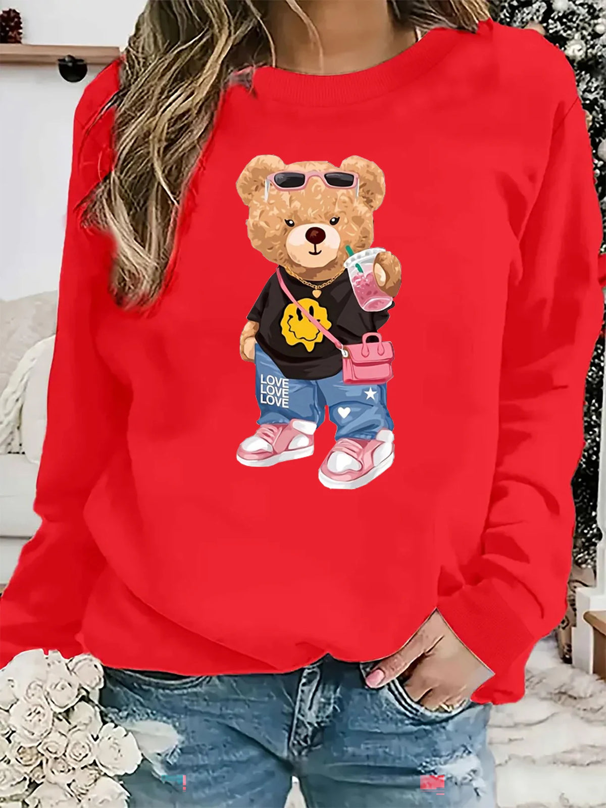 Maglione da donna, modello casual per l’autunno e l’inverno, ampio e comodo, caldo, con stampa a tema cartone animato, scollo rotondo e maniche lunghe.