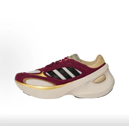 Scarpe sportive da corsa casual Adidas, modello «dad shoes» con suola spessa, in rosso vino e oro, stile retrò, che slanciano la figura, KI7013.