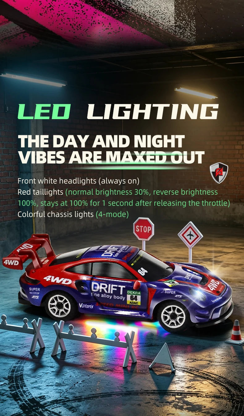 Auto RC da Drift ad Alta Velocità 1/64 con Luci, Auto Telecomandata 4WD 2.4G, Mini Auto da Corsa da Scrivania, Modellino in Scala, Giocattolo Regalo per Ragazzi