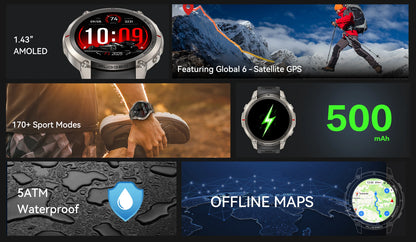 2026 NUOVO Smartwatch con Mappe Offline per Uomo, Display AMOLED HD da 1,43 Pollici, GPS Esterno Integrato, Bussola, Altimetro, Impermeabile 5ATM, Orologio Sportivo per Nuoto, Ciclismo e Corsa