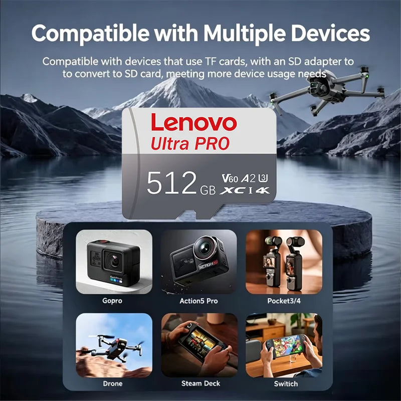 Scheda di memoria MicroSD ad alta velocità Lenovo, scheda TF, 1T, 128GB, 256GB, 512GB, classe A2, stabile, per registrazioni 4K, compatibile con DJI Pocket4 Action Cam.
