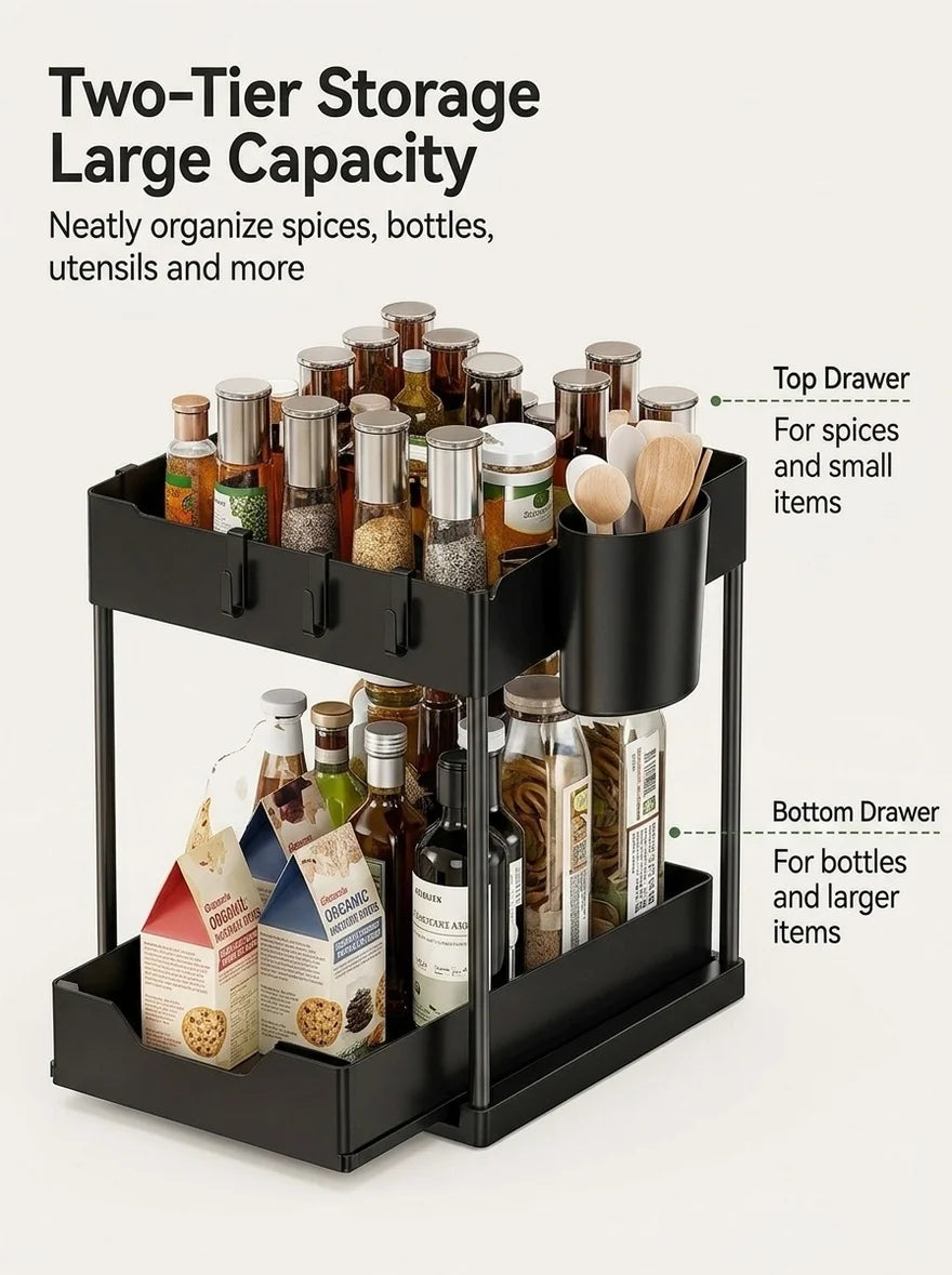 Organizzatore a più livelli estraibile per bottiglie di spezie in cucina, scaffale multifunzionale per l'organizzazione del disordine sotto il lavello del bagno