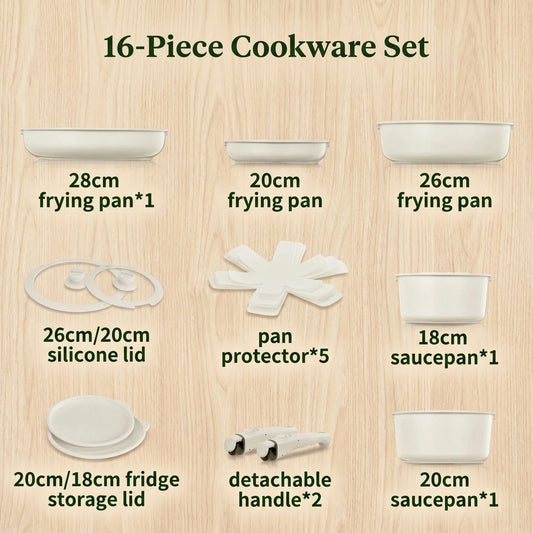 Set di Pentole e Padelle 16 Pezzi Antiaderente in Ceramica con Manici Rimovibili, Impilabile, Adatto a Tutti i Tipi di Fornelli, Resistente al Forno