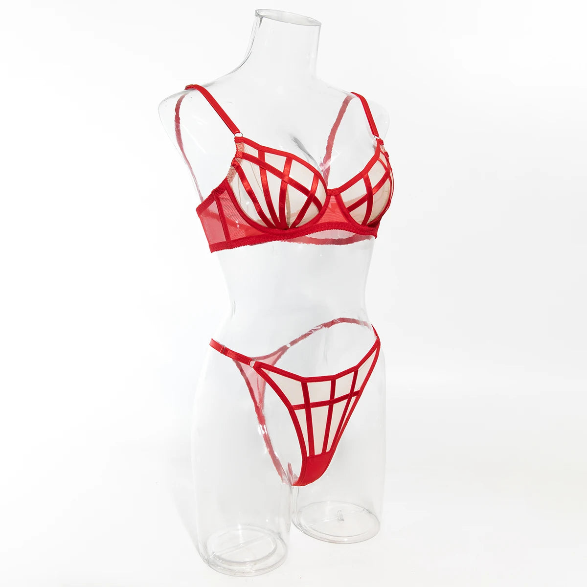 Saldi di liquidazione: Completi intimo sexy a quadri irregolari, 2 pezzi, con inserti in rete trasparente, reggiseni e perizomi, abiti erotici intimi