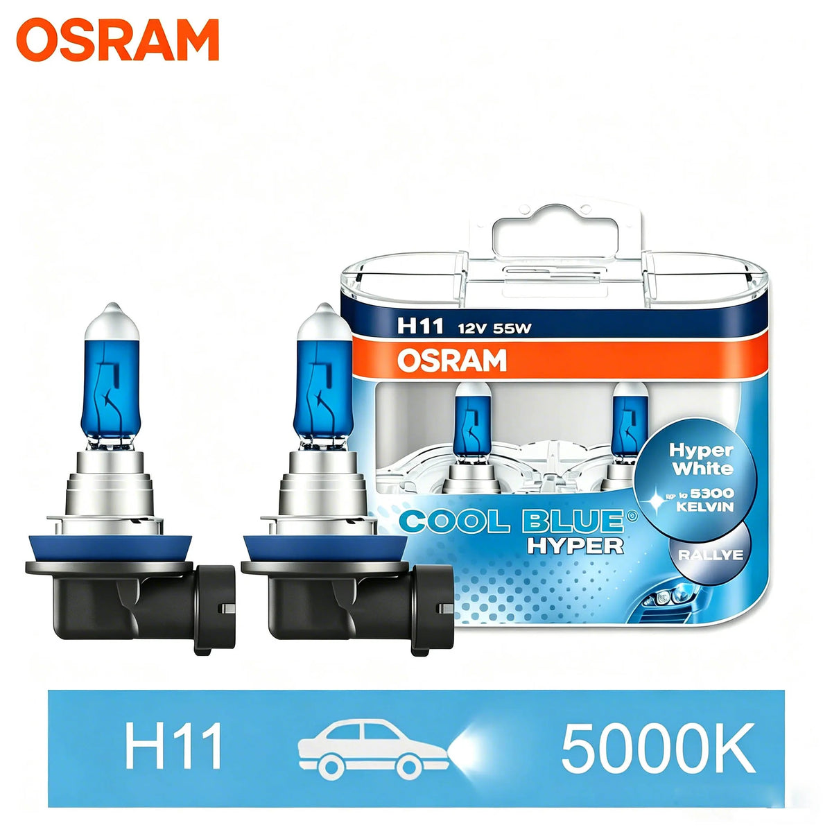 OSRAM H7 H4 H1 H11 HB3 9005 HB4 9006 Lampadina Alogena per Fari Auto, Luce Abbagliante/Anabbagliante 5300K 12V 55W, Bianco Hyper Cool Blue (2 Pezzi)