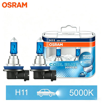 OSRAM H7 H4 H1 H11 HB3 9005 HB4 9006 Lampadina Alogena per Fari Auto, Luce Abbagliante/Anabbagliante 5300K 12V 55W, Bianco Hyper Cool Blue (2 Pezzi)