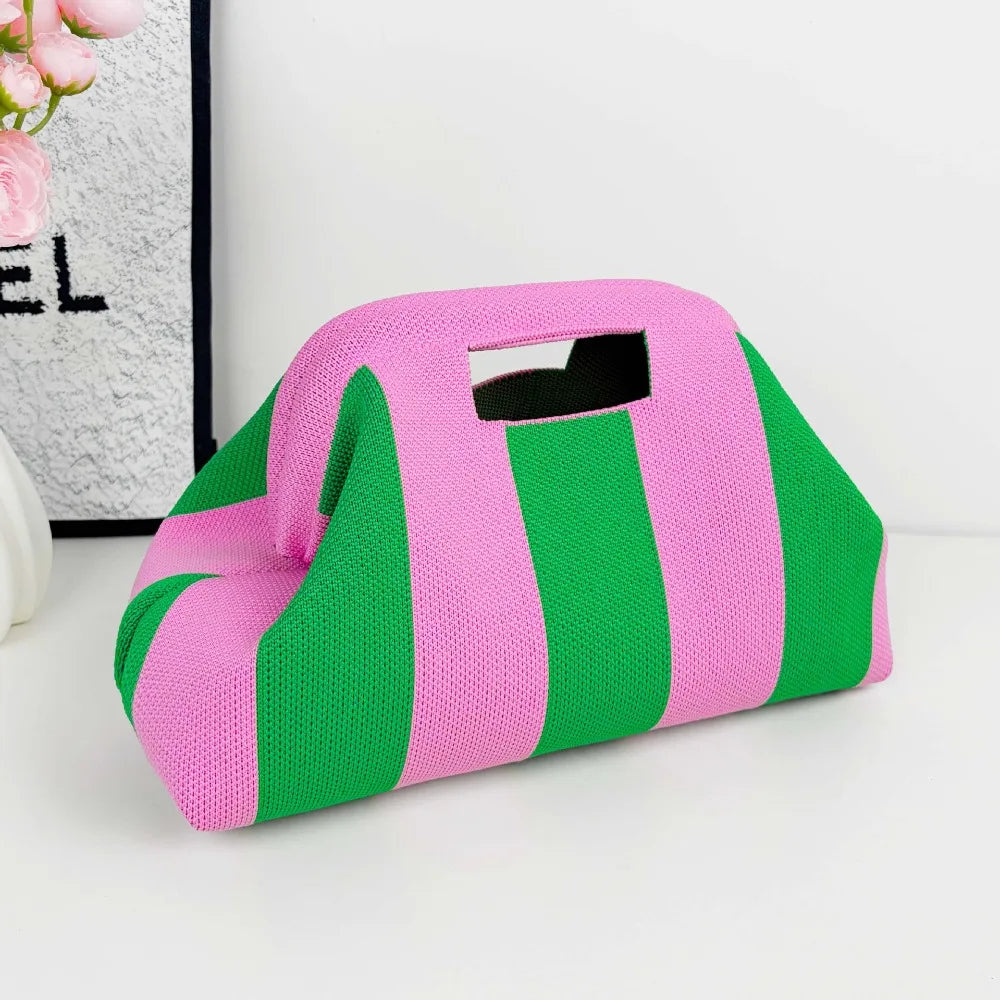 Nuova borsa intrecciata traforata a righe, borsa a mano in maglia, versatile borsa portatile per cosmetici