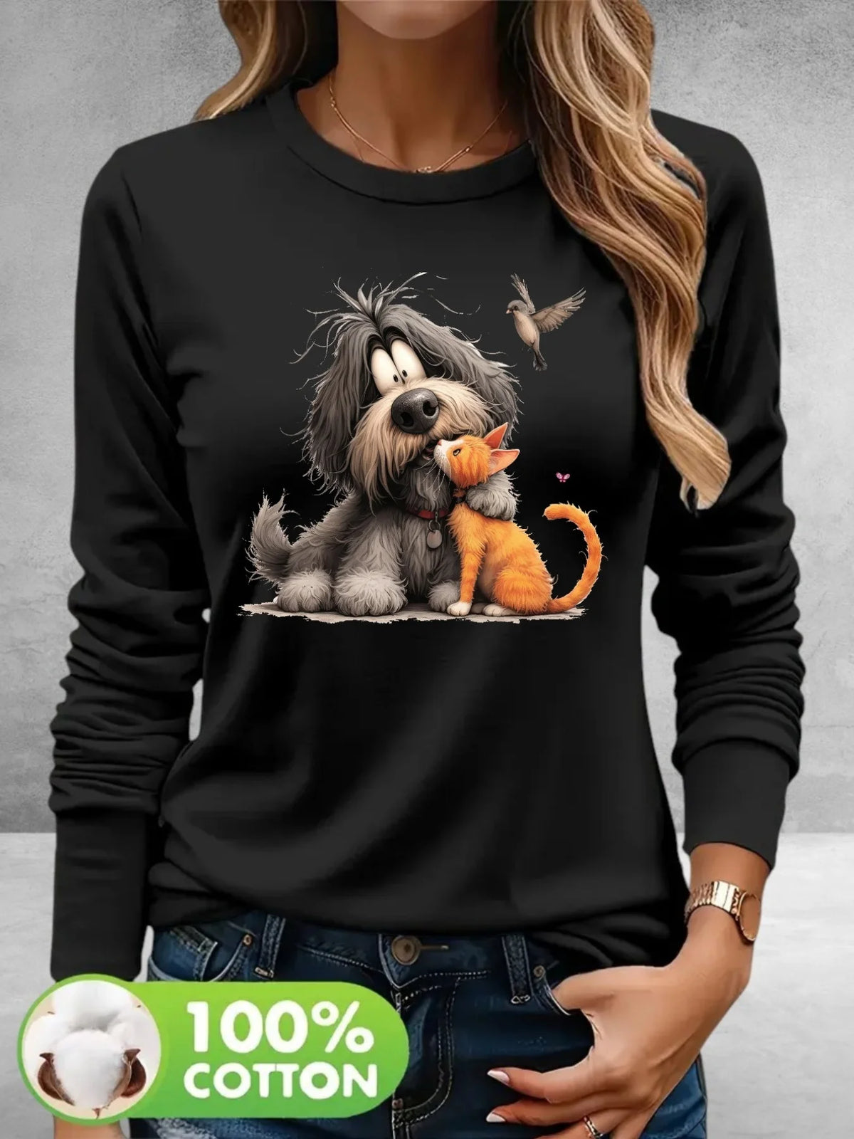 T-shirt da donna in 100% puro cotone, a maniche lunghe, con scollo rotondo, stile casual, con stampa grafica floreale, vestibilità ampia, ideale per la primavera e l'autunno.
