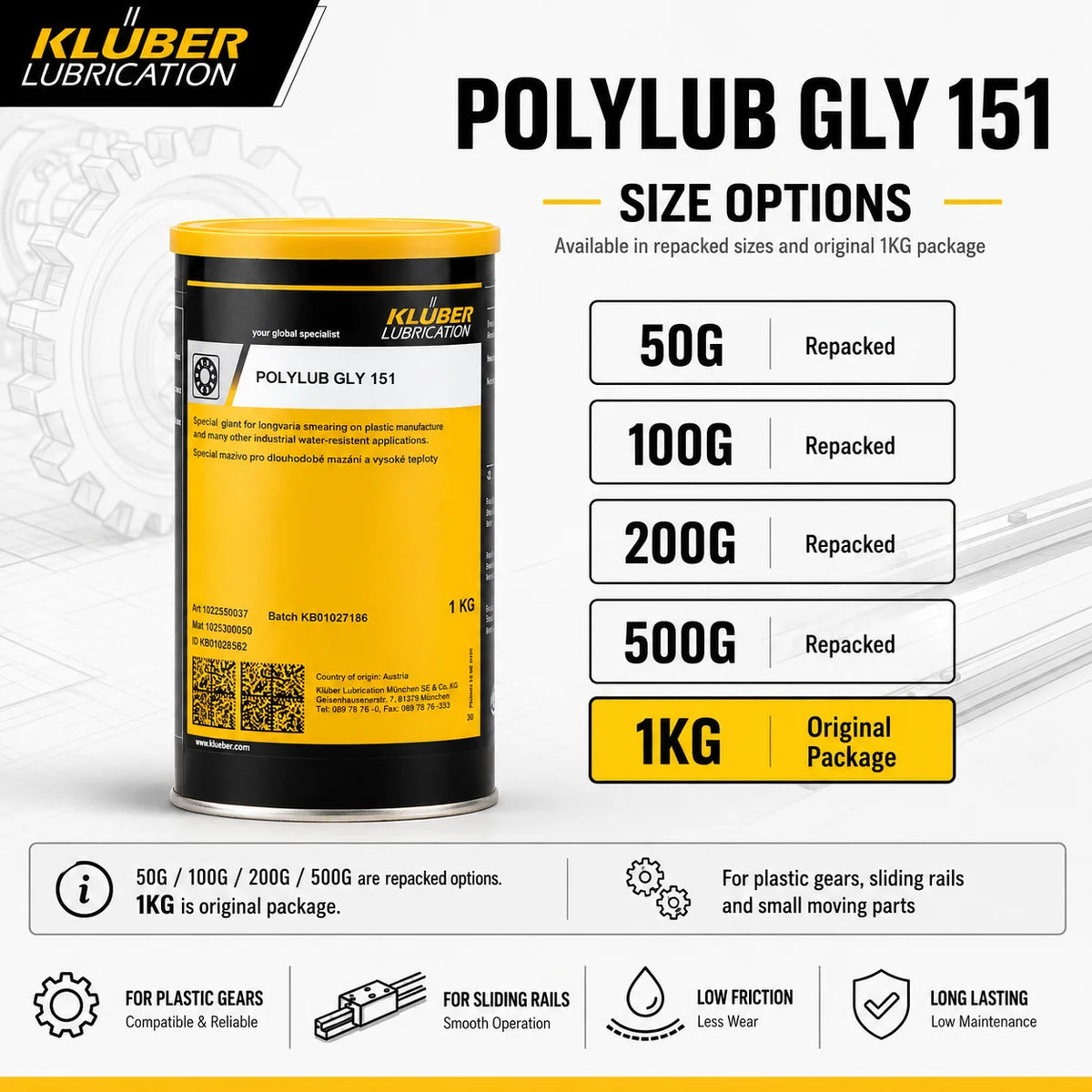 Grasso Originale Kluber POLYLUB GLY 151 per Ingranaggi in Plastica, Lubrificante per Basse Temperature per Cuscinetti a Scorrimento e Ingranaggi Piccoli