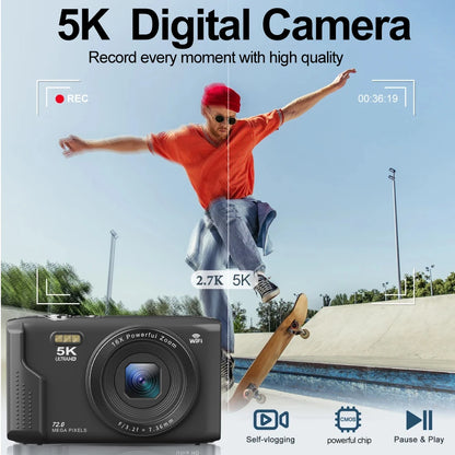 Ourlife Fotocamera digitale compatta 5K 72MP Schermo LCD da 2,8 '' Zoom digitale 16X Fotografia vintage Videoregistratore Vlog YouTube