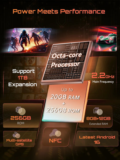 Telefono robusto Cubot KingKong ACE 5, Android 16, RAM espandibile 20GB(8+12) + ROM 256GB, Batteria 10200mAh, Schermo 6,745" 120Hz, Fotocamera 48MP, NFC, Torcia LED 1A
