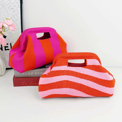 Nuova borsa intrecciata traforata a righe, borsa a mano in maglia, versatile borsa portatile per cosmetici