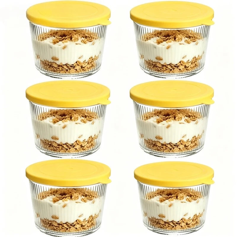 Set di 4/6 Piccole Ciotole in Vetro con Coperchio, Contenitori Impilabili in Vetro Trasparente a Righe per Dessert, Budini, Salse, Salse Piccanti, Noci, Avena, Caramelle, Dolciumi