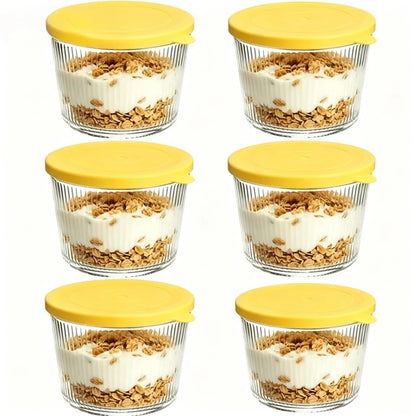 Set di 4/6 Piccole Ciotole in Vetro con Coperchio, Contenitori Impilabili in Vetro Trasparente a Righe per Dessert, Budini, Salse, Salse Piccanti, Noci, Avena, Caramelle, Dolciumi