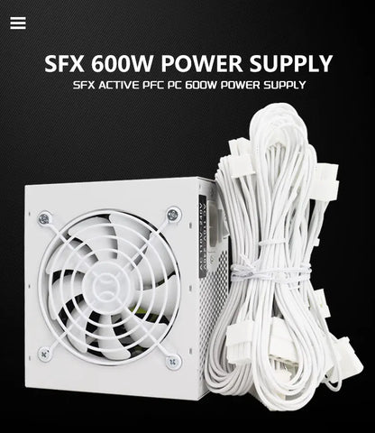 Alimentatore SFX completamente modulare da 600W, design compatto per case Mini-ITX SFF, ventola silenziosa da 90mm, tensione ampia 90-265V, per sistemi PC gaming compatti.