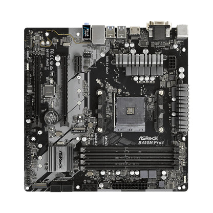 Scheda madre ASRock B450M PRO4, compatibile con CPU 5950X, 5800X3D, 5700X3D, 5600X, 5600G, 1700X, 2700X, socket AM4 AMD, 4 slot DDR4, 3200 MHz, formato MATX.