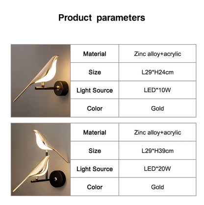 Lampade da Parete LED Girevoli a Forma di Uccello Magpie con Spina EU/US per Comodino, Camera da Letto, Lampade da Parete Nordiche, Applique per Cucina e Sala da Pranzo