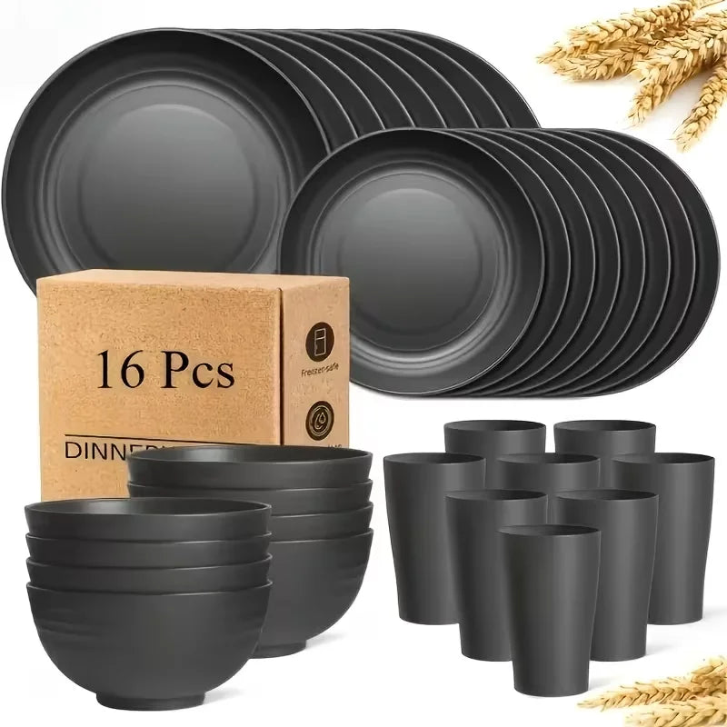 Set di Stoviglie in Plastica da 16/32 Pezzi, Include Piatti Piani, Piattini da Dessert, Ciotole e Tazze, per Uso Domestico e Ristorazione