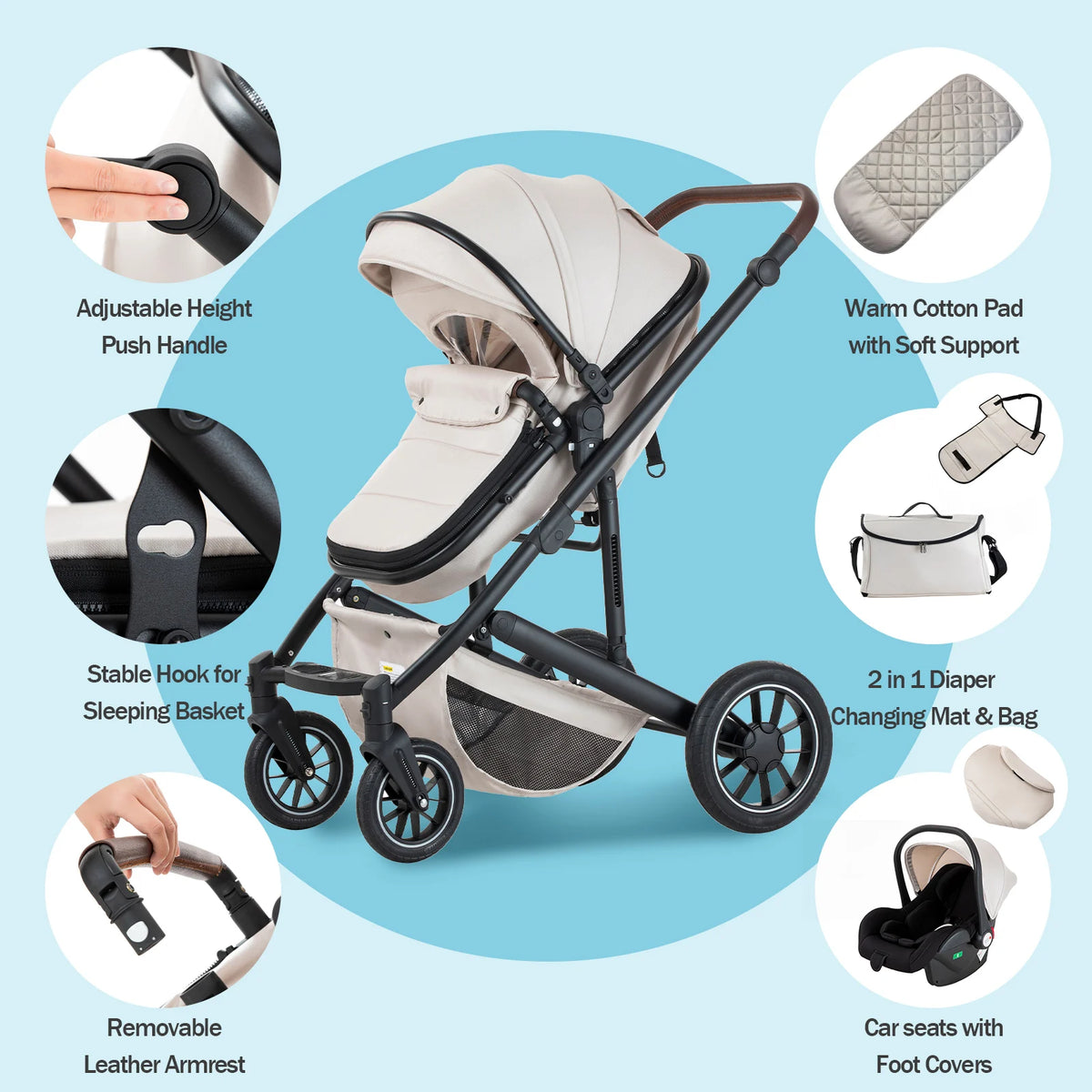 Lussuoso passeggino da viaggio portatile 3 in 1 Carrello pieghevole in alluminio ad alto paesaggio Carrozzina a quattro ruote per neonato