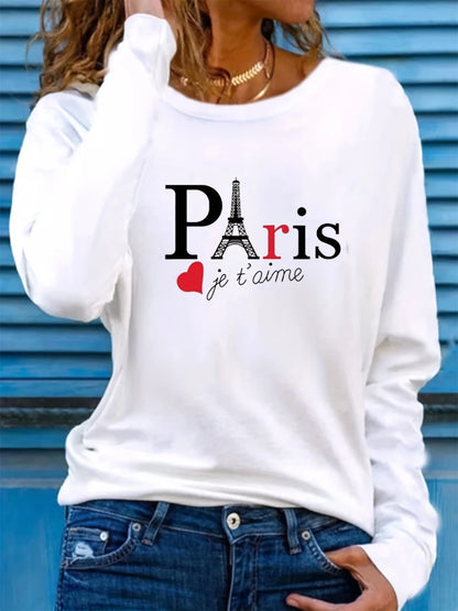 T-shirt girocollo stampata con motivo Torre Eiffel Parigi a maniche lunghe comoda moda primavera e autunno 100% cotone da donna
