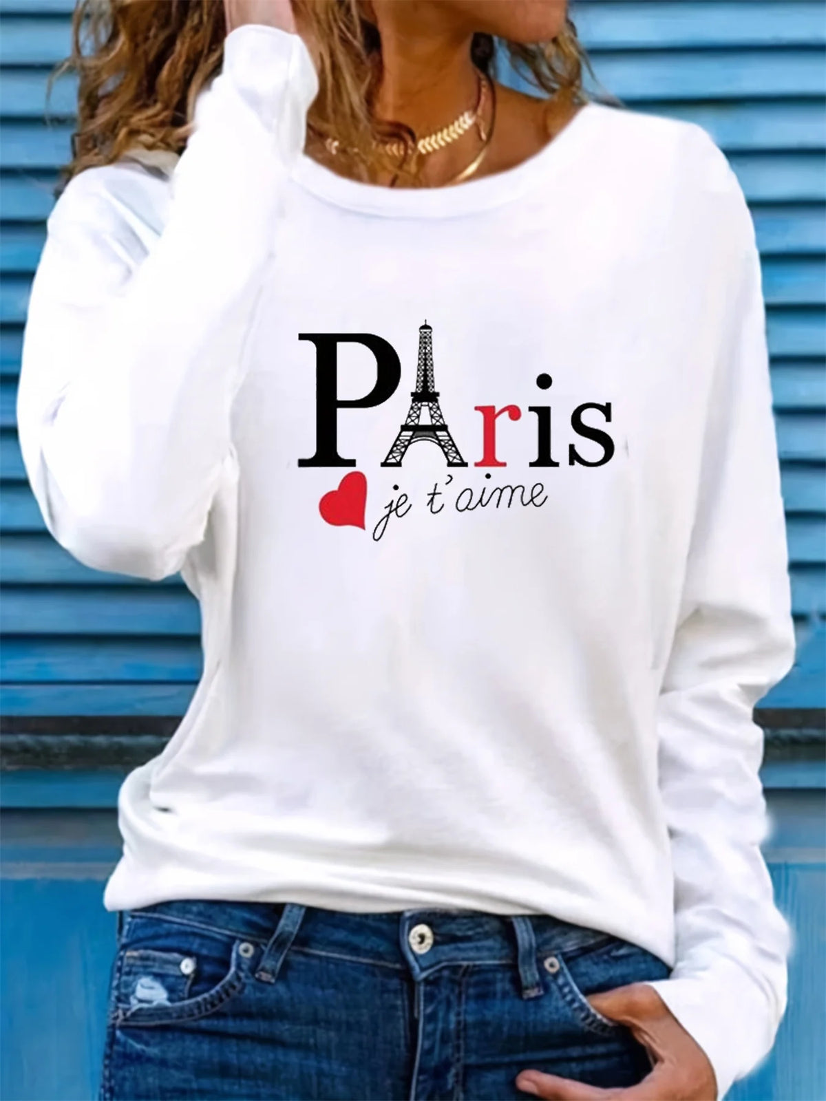 T-shirt girocollo stampata con motivo Torre Eiffel Parigi a maniche lunghe comoda moda primavera e autunno 100% cotone da donna