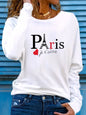 T-shirt girocollo stampata con motivo Torre Eiffel Parigi a maniche lunghe comoda moda primavera e autunno 100% cotone da donna