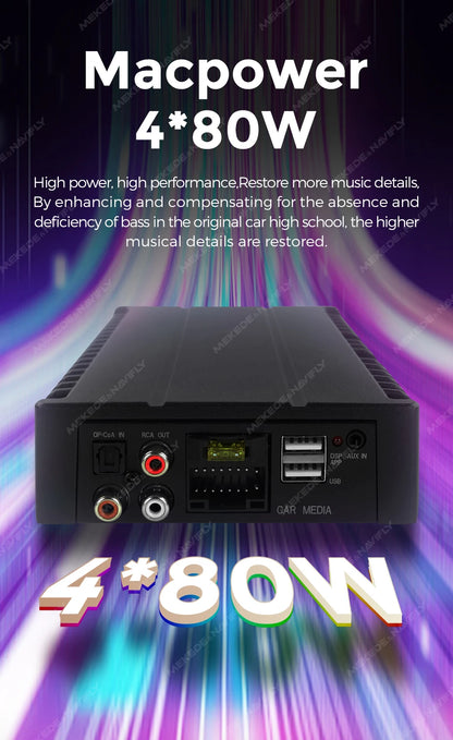 Amplificatore DSP per auto MEKEDE 4*80 W, compatibile con autoradio Android, regolazione EQ tramite app, plug-and-play, supporto fibra ottica/coassiale/AUX/RCA/USB
