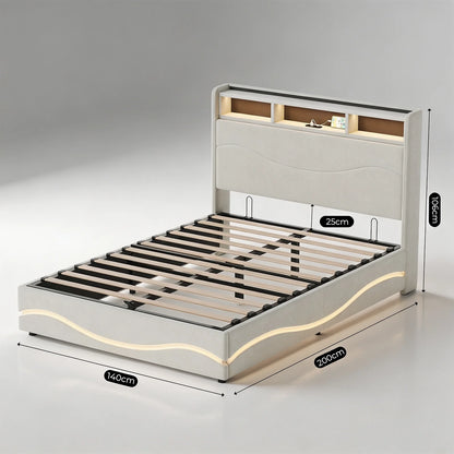 Letto matrimoniale con struttura idraulica, rivestito in velluto color beige, dimensioni 140x200 cm, dotato di base a doghe e testiera con vano contenitore, senza materasso incluso, ideale per la camera da letto.