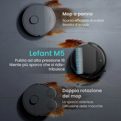 Lefant M5 Aspirapolvere Robot e Lavapavimenti Aspirazione 18000Pa Stazione di Svuotamento Automatico Rulli Autopulenti Navigazione Laser dToF Pulitore Pavimenti Intelligente