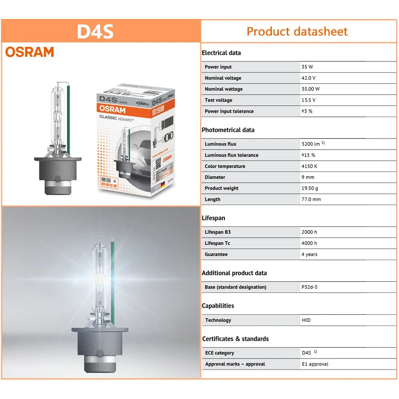 OSRAM Xenon HID CLASSIC D1S D2S D3S D4S lampade Standard 66140 66240 66340 66440 CLC Original Car Head Light 4200K Warm White Pair