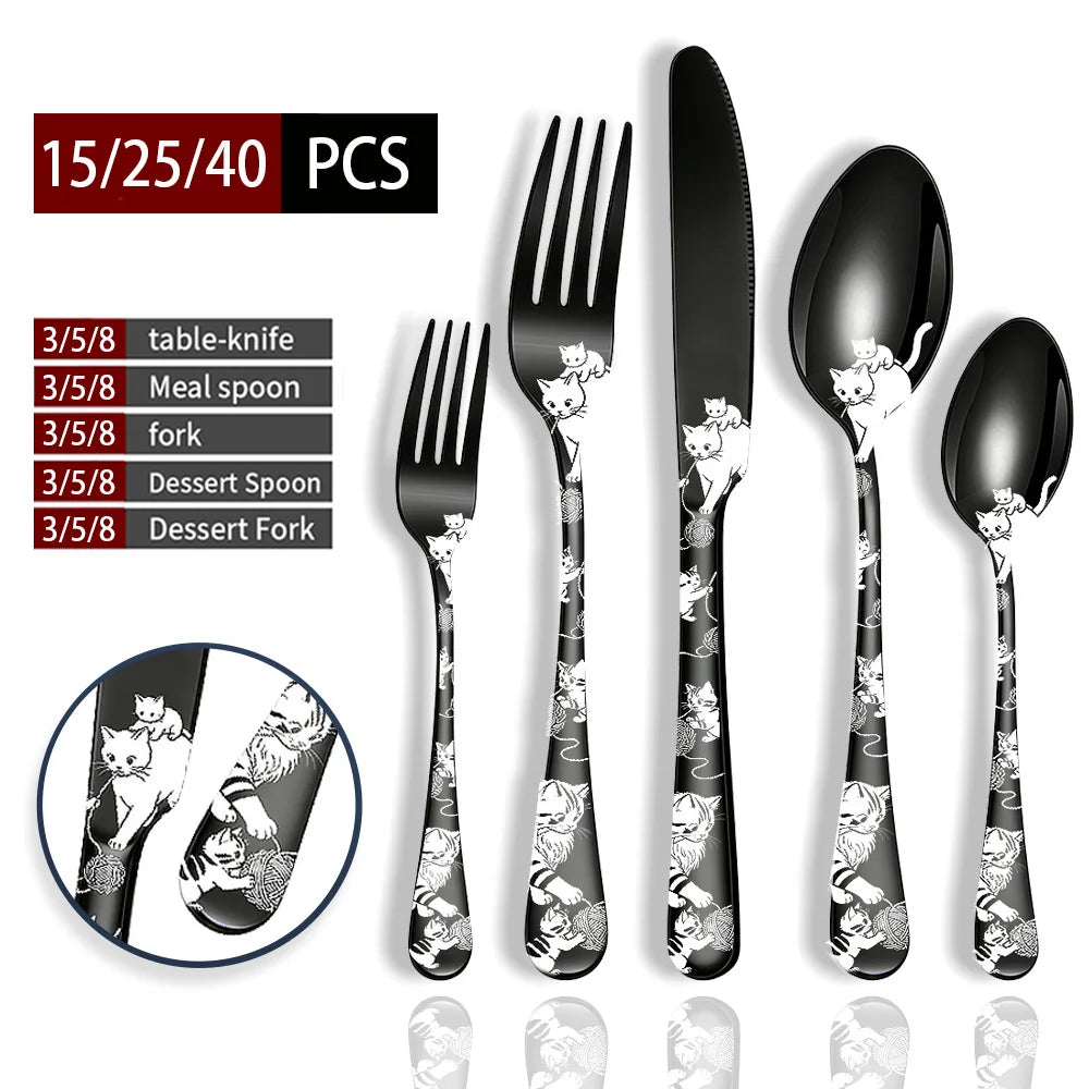 Set di posate in acciaio inossidabile con incisione laser Rose Cat, 4/15/25/40 pezzi, coltello, forchetta, cucchiaio, per coppie, stoviglie per feste