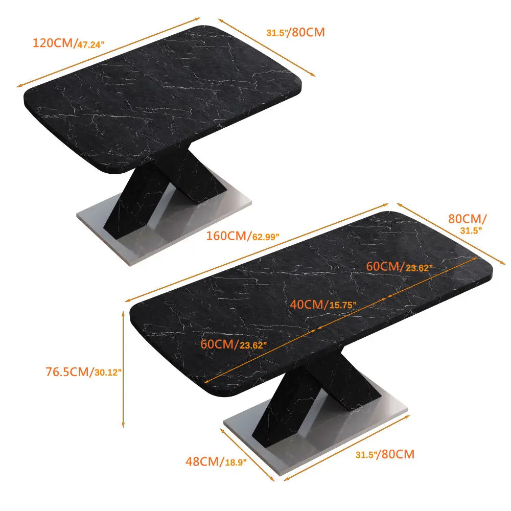 Tavolo da pranzo rettangolare moderno da 120 cm-160 cm, piano da tavolo in marmo nero stampato estensibile + gamba da tavolo a forma di X in MDF con base in metallo
