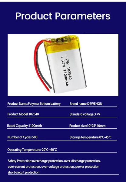 Batteria al litio 3,7 V 102540, 1100 mAh, batterie polimeriche + scheda di protezione PCB per localizzatore GPS, dispositivi MP3/MP4, batteria ricaricabile.