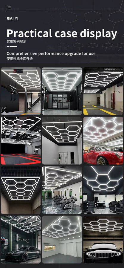 14 griglie con telaio luci da garage esagonali 6500K 672W a nido d'ape led per officina barbiere palestra soffitto negozio seminterrato