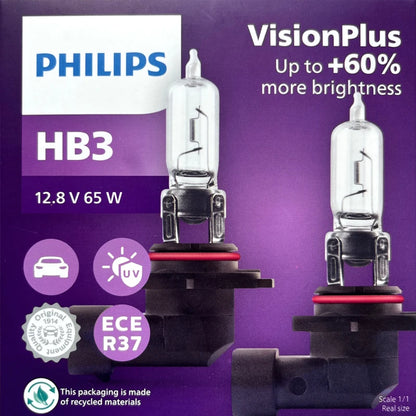 Philips HB3 9005 12V 65W P20d VisionPlus 3250K Luce intensa Fino al 60% Visione Alogena Lampade per auto originali Faro 9005VPS2