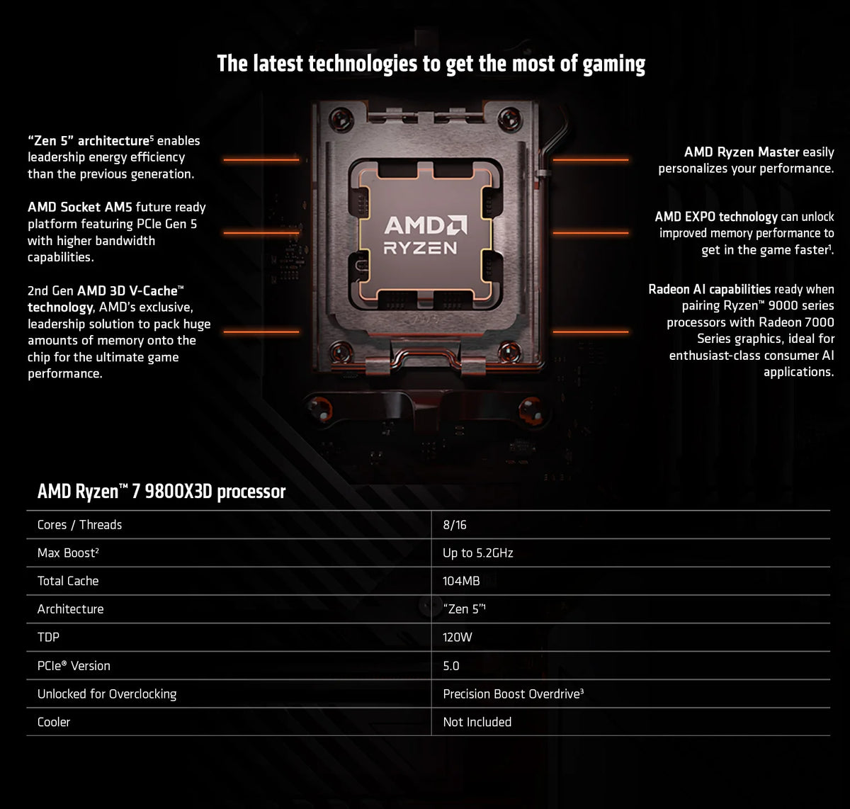 CPU Desktop AMD Ryzen 7 9800X3D – 8 Core, 5.6GHz Boost, 96MB Cache L3, 120W TDP, AM5, Dissipatore Non Incluso