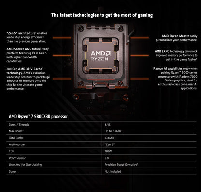 CPU Desktop AMD Ryzen 7 9800X3D – 8 Core, 5.6GHz Boost, 96MB Cache L3, 120W TDP, AM5, Dissipatore Non Incluso