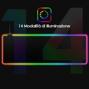 Tappetino per mouse da gaming RGB, formato XXL, extra large, 800 x 300 mm x 4 mm, ideale per giocatori di PC, antiscivolo, impermeabile, per computer e laptop - 14 modalità di illuminazione.