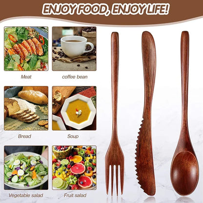 24/12 Pezzi Cucchiaio di Legno Cucchiaio da Zuppa e Forchetta Stoviglie Set di Cucchiai con Mestolo Ellipse Naturale Prodotti Ecologici Cucchiai per Cucinare