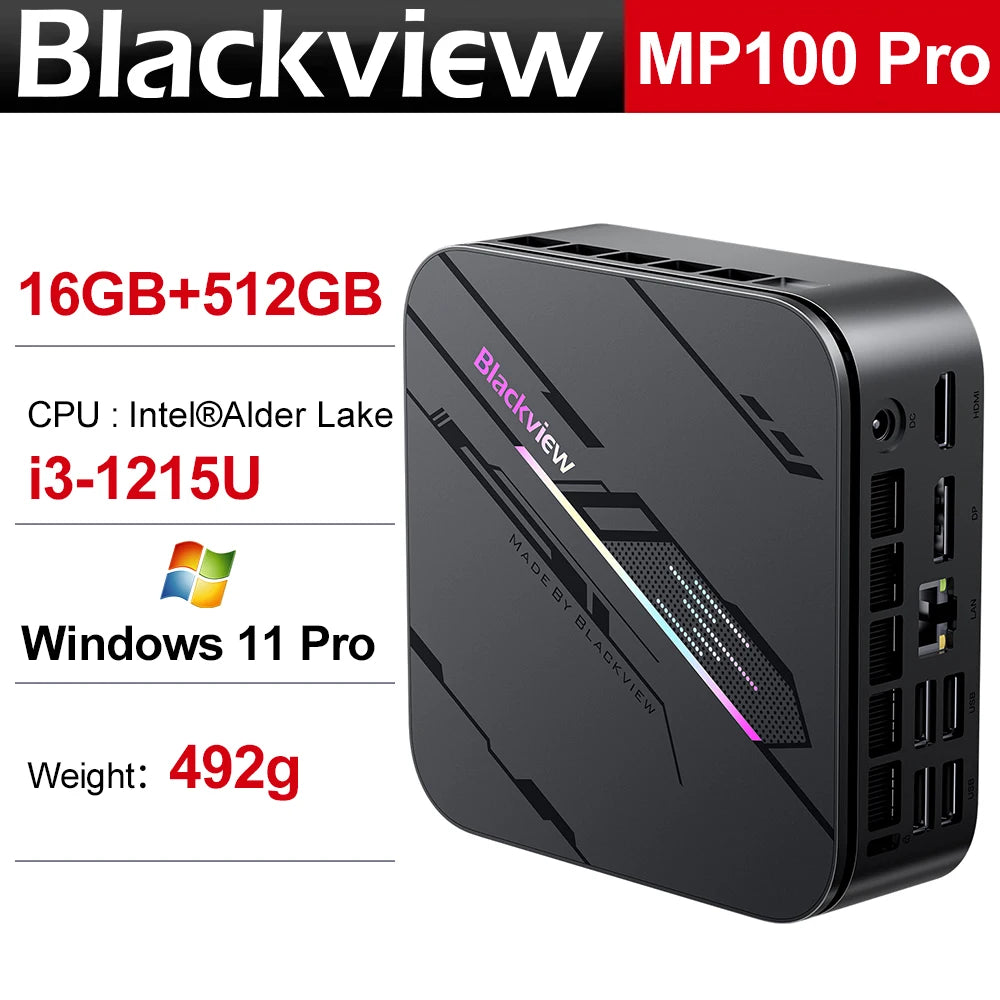 Mini PC aziendale Blackview MP100 Pro, Windows 11 Pro, due opzioni di processore Intel 12ª generazione i3-1215U / i5-12450H, 16GB RAM DDR4, SSD M.2 NVMe 512GB, WiFi 6, uscita video 4K UHD, chip di sicurezza TPM 2.0, pi