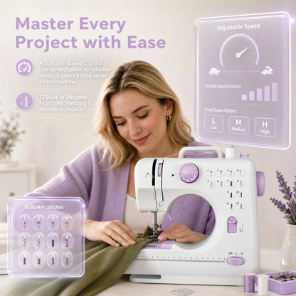 Macchina da cucire elettrica portatile per uso domestico, con 12 tipi di punto, alimentazione a corrente alternata e a batteria, dotata di un kit di accessori da 32 pezzi, leggera e facile da usare, ideale per principianti, p