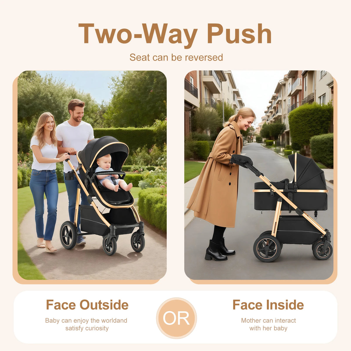 Passeggino 3 in 1 High Landscape per Neonati, Carrozzina Pieghevole Portatile di Lusso con Seggiolino Auto e Navicella da Viaggio