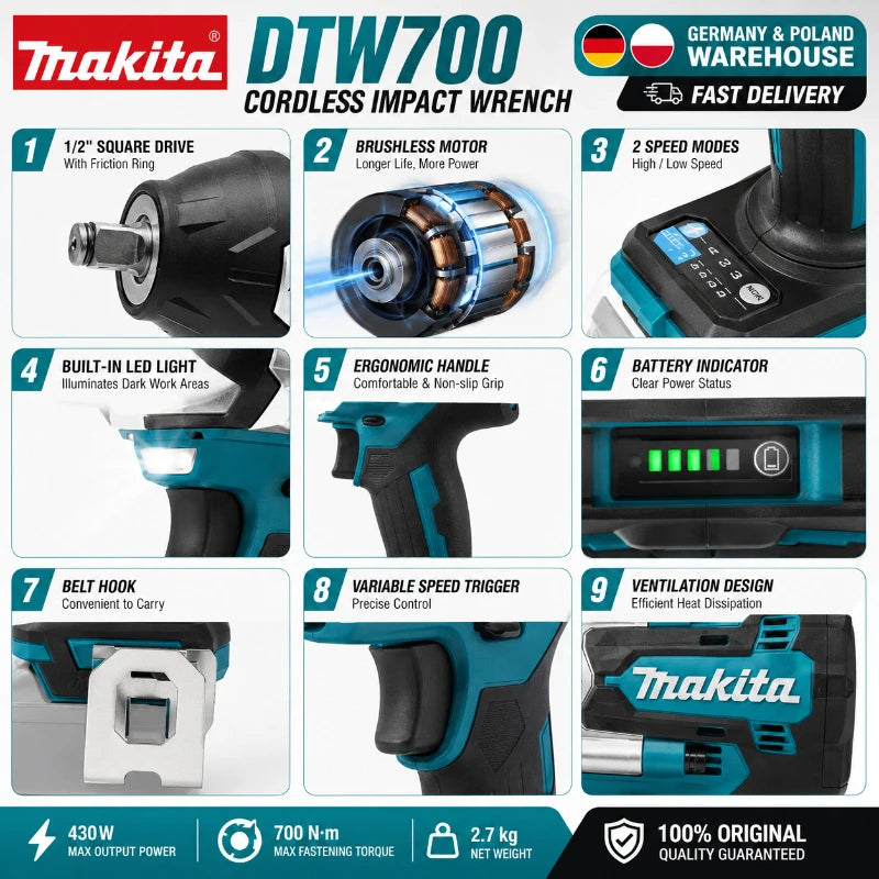 Avvitatore a impulsi Makita DTW700 18V senza fili, brushless, 700 Nm, professionale, con attacco quadrato da 1/2 pollice, velocità variabile, Auto-Stop, compatibile con batterie Makita LXT BL1830 BL1840 BL1850 BL1860B - Maga