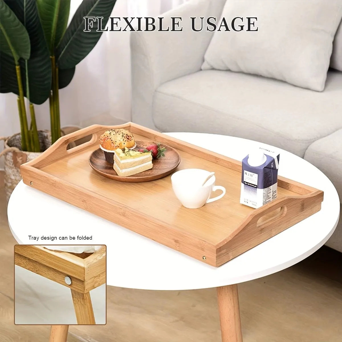 Vassoio Multifunzionale in Legno con Gambe Pieghevoli - Tavolino in Bambù 50x30 cm - Colazione con Maniglie, Gambe Retrattili, Ideale per Letto, Divano e PC, ciotola tibetana, piatti decorativi, fruttiera, organizer, ciotola