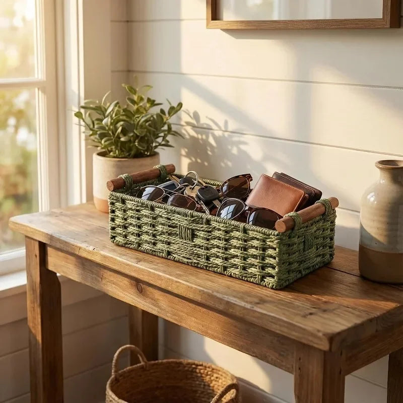 Cesto portaoggetti in legno massello con manico in corda di carta intrecciata in stile forestale, organizer per la cura del bagno e del lavabo, cesti da ripiano